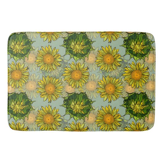 Geel zonnebloempatroon op Blauwgroen achtergrond Badmat (Voorkant)