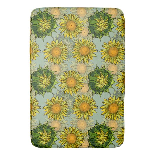 Geel zonnebloempatroon op Blauwgroen achtergrond Badmat (Voorkant Verticaal)