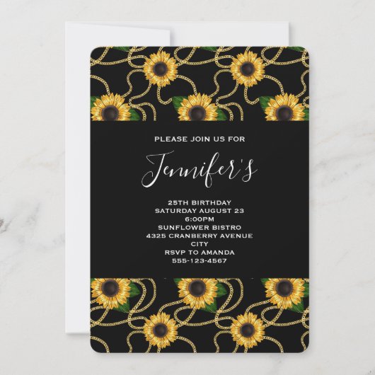  geel zonnebloempatroon op zwarte verjaardag kaart (Voorkant)