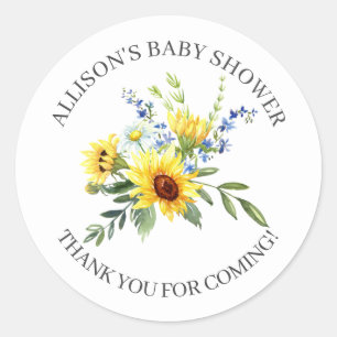 Geel zonnebloempje Baby shower Dank je wel! Ronde Sticker
