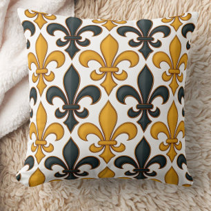Geel Zwart Barok Fleur-de-lis Patroon Design Kussen