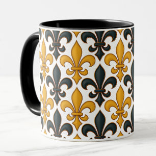 Geel Zwart Barok Fleur-de-lis Patroon Design Mok