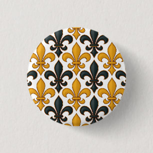 Geel Zwart Barok Fleur-de-lis Patroon Design Ronde Button 3,2 Cm