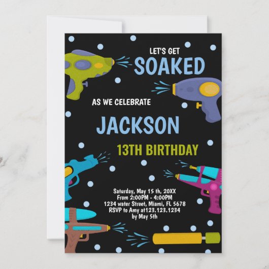 Geel Zwart Blauw Water Pistool Uitnodigingen (Voorkant)