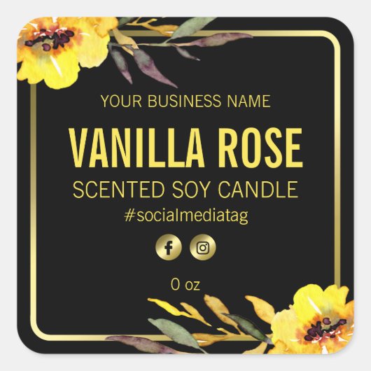 Geel Zwart Bloemen Product Etiketten (Voorkant)