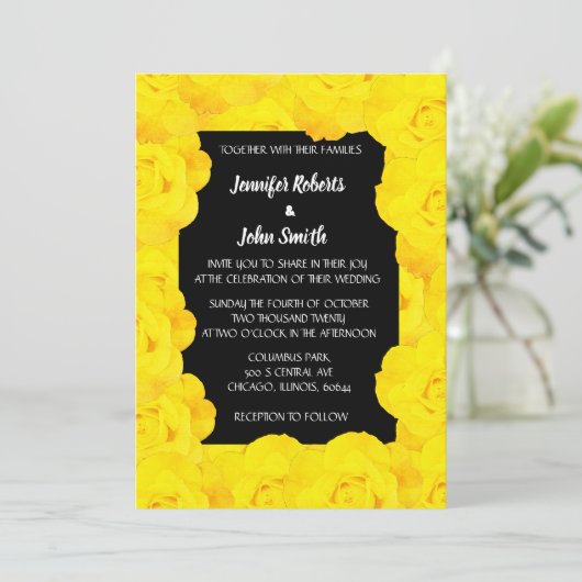 Geel Zwart Bloemen QR Code Roos Bloemen Huwelijk Kaart (Staand voorkant)