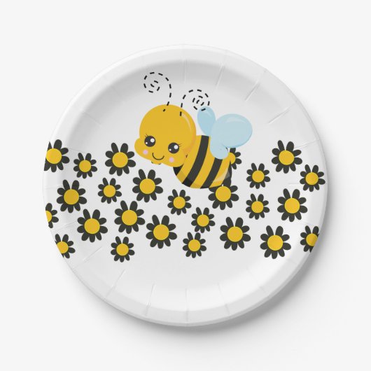 Geel zwart bloemenpatroon papieren bordje (Voorkant)