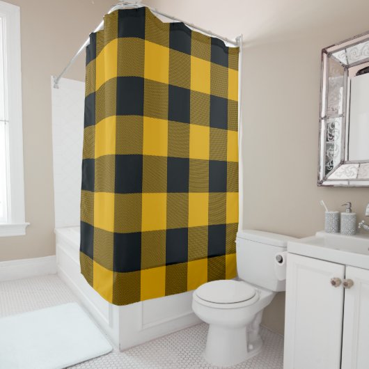 Geel & Zwart Buffel Plaid Geruit Rustiek Douchegordijn (In situ)
