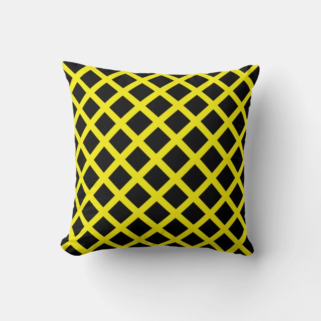 Geel Zwart Checker Diamond Stripes Patroon Kussen (Voorkant)