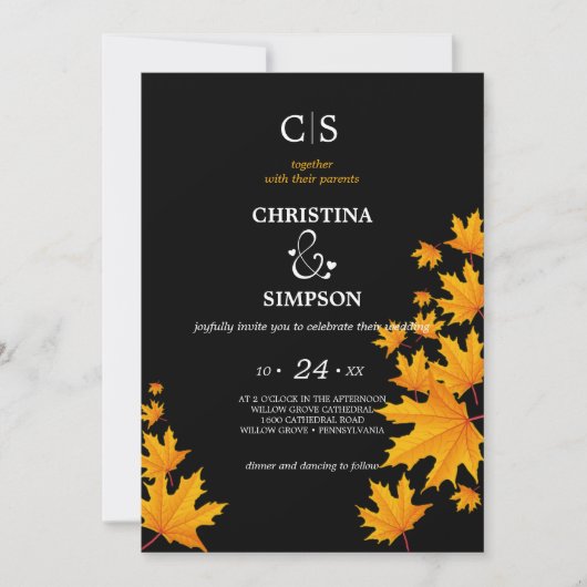 Geel & Zwart Classic herfst bladeren bruiloft Kaart (Voorkant)