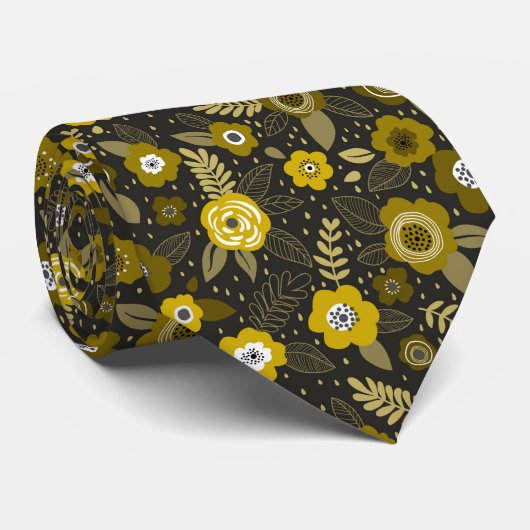 Geel zwart elegante ditsy bloempatroon stropdas (Opgerold)