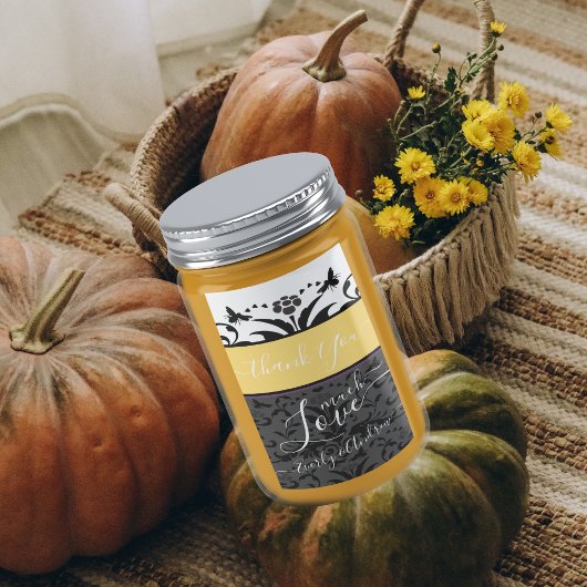 Geel, zwart en grijs Bumble Bee Floral Damask Etiket