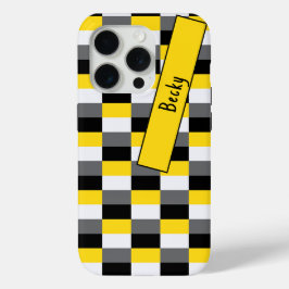Geel, zwart en grijs kleurcombinatie met naam iPhone 15 pro case