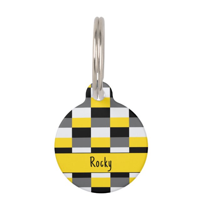 Geel, zwart en grijs kleurencombinatie huisdierpenning (Voorkant)