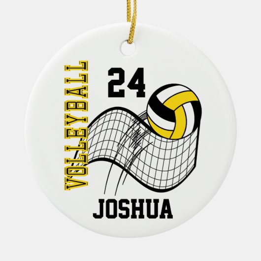 Geel, zwart en wit volleybal keramisch ornament (Voorkant)