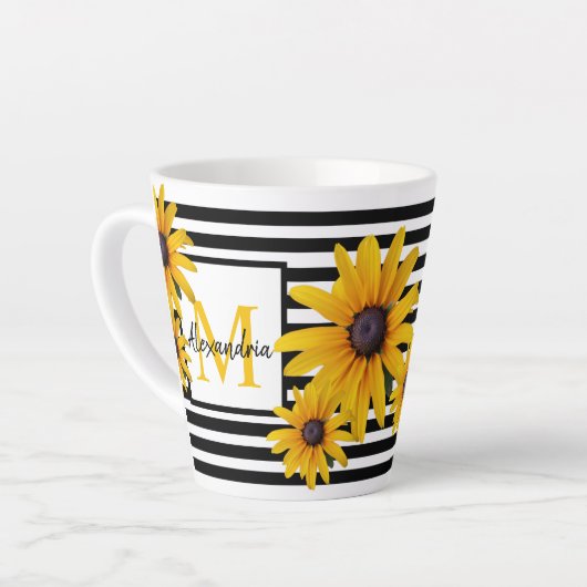 Geel Zwart-Eyed Susan Zwart Streep Monogram Latte Mok (Linkerhoek)