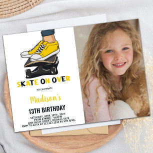 Geel Zwart Foto Skateboards Verjaardag Uitnodiging