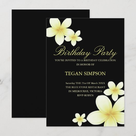 Geel & Zwart Frangipani Verjaardag Uitnodigen Kaart (Voorkant / Achterkant)
