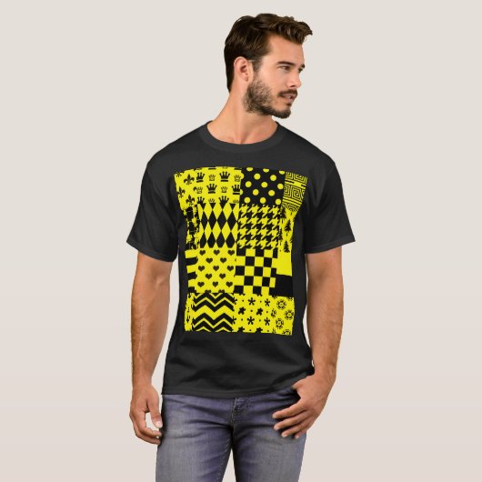 Geel Zwart Gemengde Patchwork Ontwerp Patchwork T-shirt (Voorkant volledig)