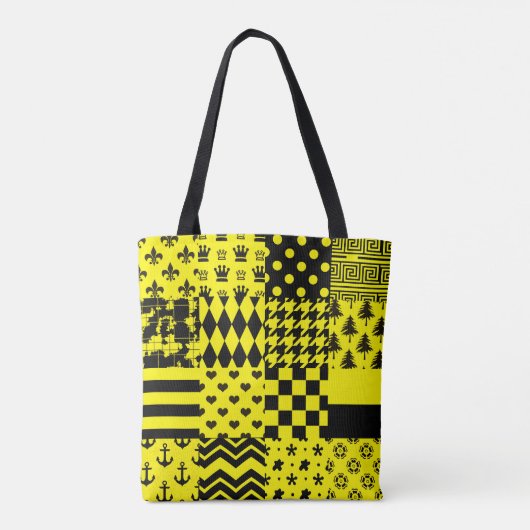 Geel Zwart Gemengde Patchwork Ontwerp Patchwork Tote Bag (Achterkant)