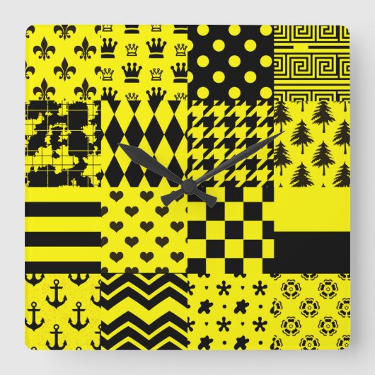 Geel Zwart Gemengde Patchwork Ontwerp Patchwork Vierkante Klok (Voorkant)