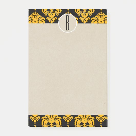 Geel Zwart Glam Damast Kraft Monogram Initiaal Post-it® Notes (Voorkant)