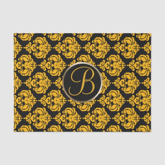 Geel & Zwart Glam Damast Monogram Letter Initiaal Tissuepapier (Voorkant)