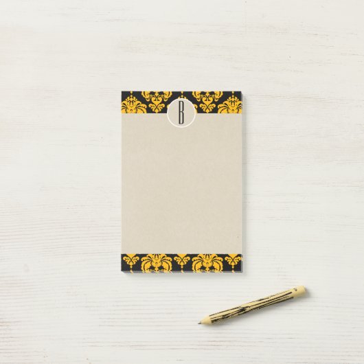 Geel zwart Initiaal Damask Kraft Monogram Post-it® Notes (Op bureau)