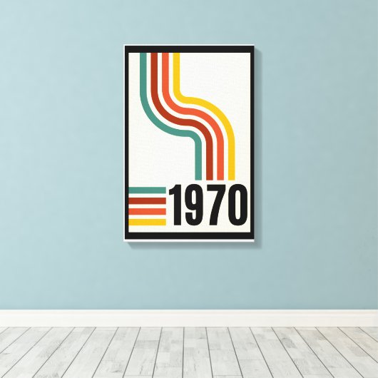 Geel Zwart kleurrijke lijnen Retro 70s Poster Canvas Afdruk (Insitu (Houten vloer))