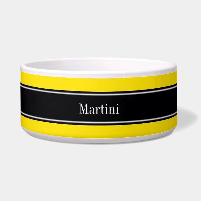 Geel, Zwart lint naam monogram Voerbakje (Voorkant)
