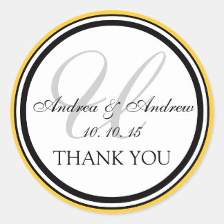 Geel Zwart Monogram U Bruiloft Dank u Ronde Sticker