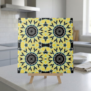Geel zwart mozaïek geometrisch mandala patroon tegeltje