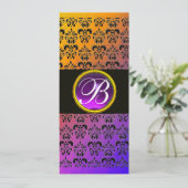 GEEL ZWART PAARS DAMAST AMETHYST MONOGRAM KAART (Staand voorkant)
