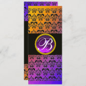 GEEL ZWART PAARS DAMAST AMETHYST MONOGRAM KAART (Voorkant / Achterkant)