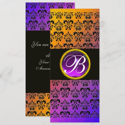 GEEL ZWART PAARS DAMAST AMETHYST MONOGRAM KAART (Voorkant / Achterkant)