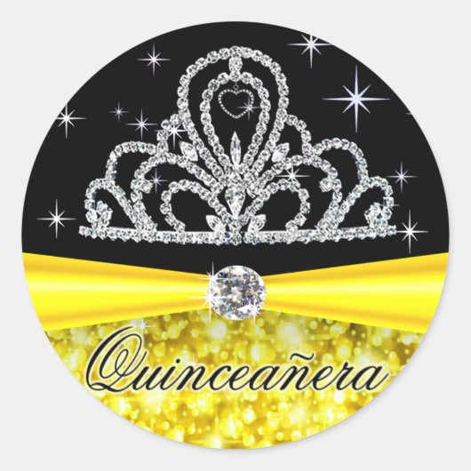 Geel Zwart Prinses Tiara Quinceanera Bling Ronde Sticker (Voorkant)