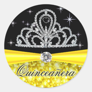 Geel Zwart Prinses Tiara Quinceanera Bling Ronde Sticker