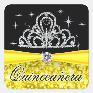Geel Zwart Prinses Tiara Quinceanera Bling Vierkante Sticker