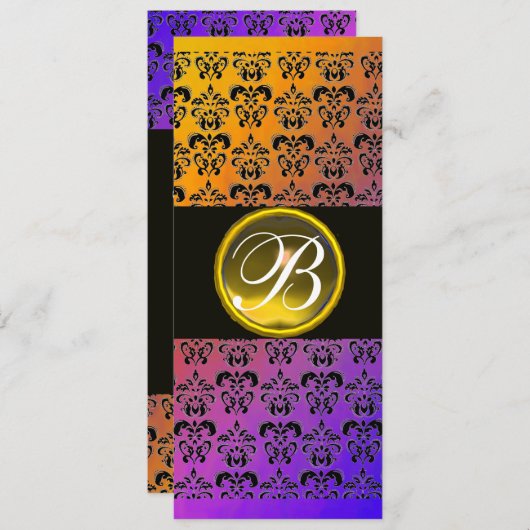 GEEL ZWART PURPER DAMAST TOPAZEN MONOGRAM KAART (Voorkant / Achterkant)