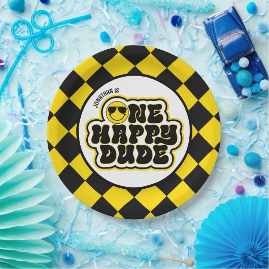 Geel zwart retro een gelukkige kerel 1e verjaardag papieren bordje (Feest)