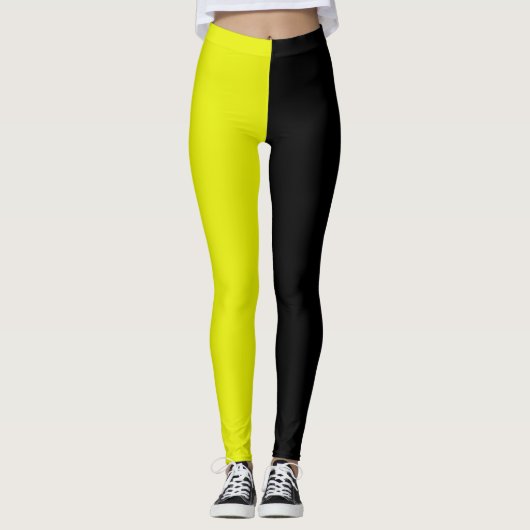 Geel Zwart Twee Tone Half Color Split Leggings (Voorkant)