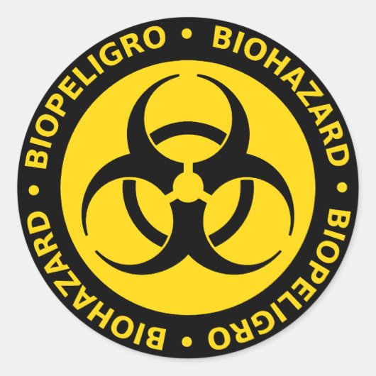 Geel & Zwart Tweetalige Biohazard Sticker (Voorkant)