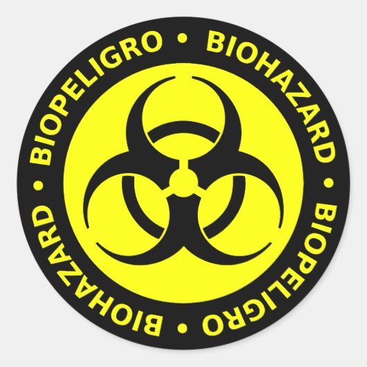 Geel & Zwart Tweetalige Biohazard Sticker (Voorkant)