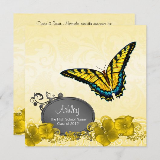Geel & Zwart Vlinder Afstudeeraankondigingen Kaart (Voorkant / Achterkant)