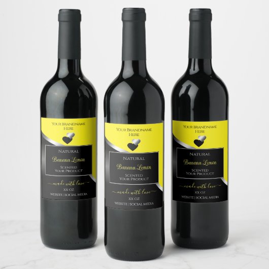 Geel Zwart Wavy Zilver Schattige Hearts Product La Wijn Etiket (Flessen)