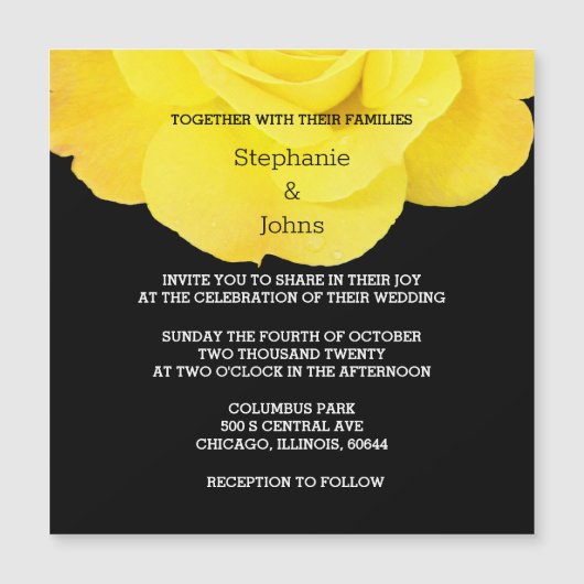Geel Zwart Wit Bloemen Roos Eenvoudige Huwelijk Magnetische Uitnodiging (Voorkant)