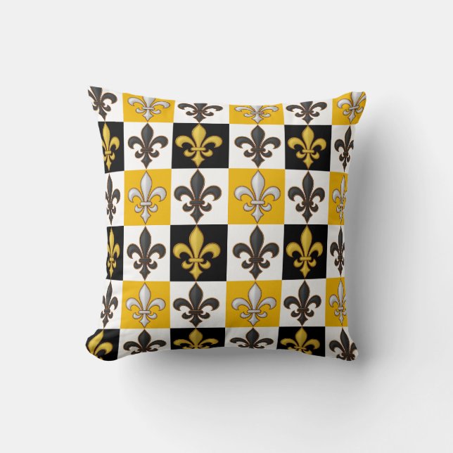 Geel Zwart Wit Geruit Fleur-de-lis Design Kussen (Voorkant)