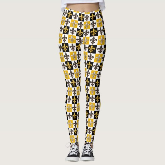 Geel Zwart Wit Geruit Fleur-de-lis Design Leggings (Voorkant)