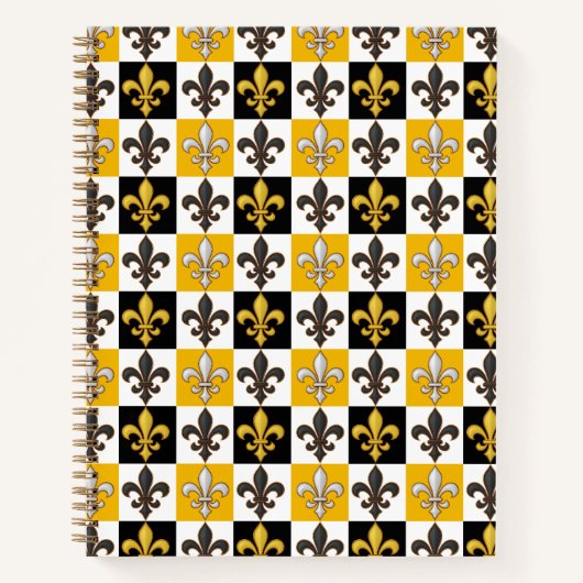 Geel Zwart Wit Geruit Fleur-de-lis Design Notitieboek (Voorkant)