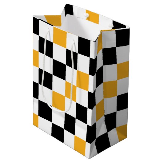 Geel Zwart Wit Geruit Patroonontwerp Medium Cadeauzakje (Voorkant Gekanteld)